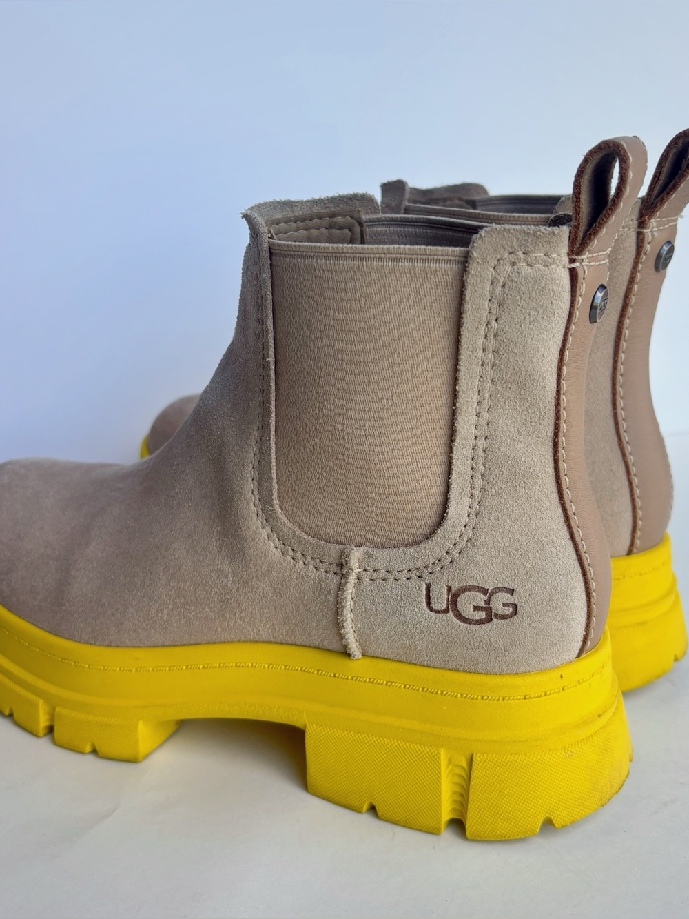 UGG Beige Suede Chelsea Boots with Yellow Lug Sole
